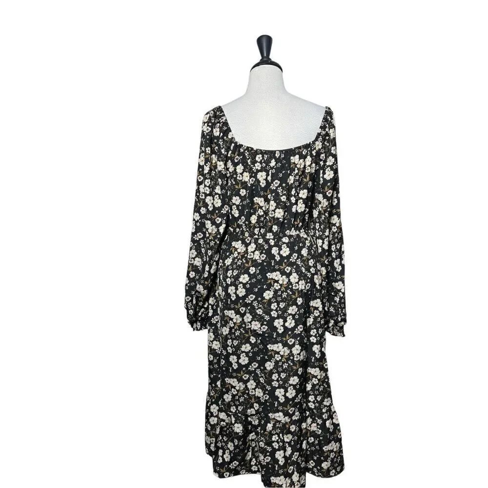 Hayden Floral Cold Shoulder Smocked Black Ruffled Long Sleeve Dress Size Medium